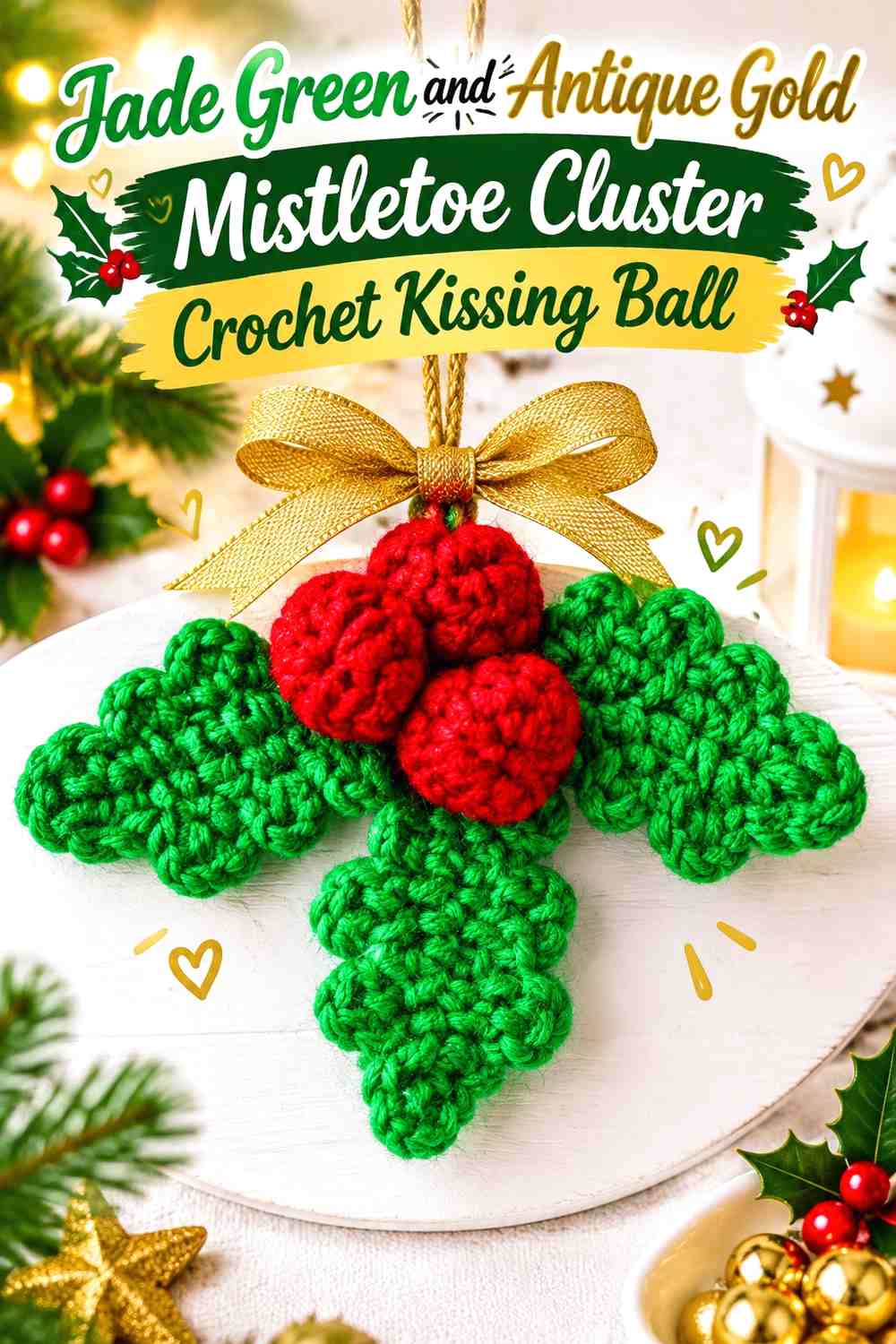 Jade Green and Antique Gold Mistletoe Cluster Crochet Kissing Ball