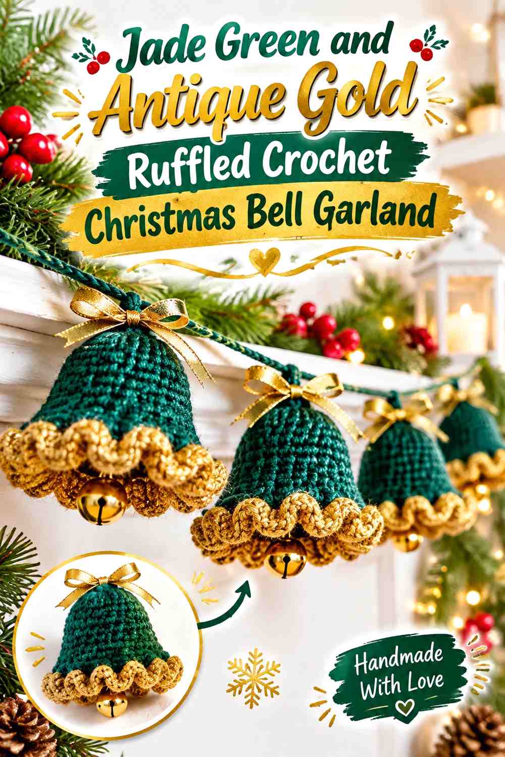 Jade Green and Antique Gold Ruffled Crochet Christmas Bell Garland