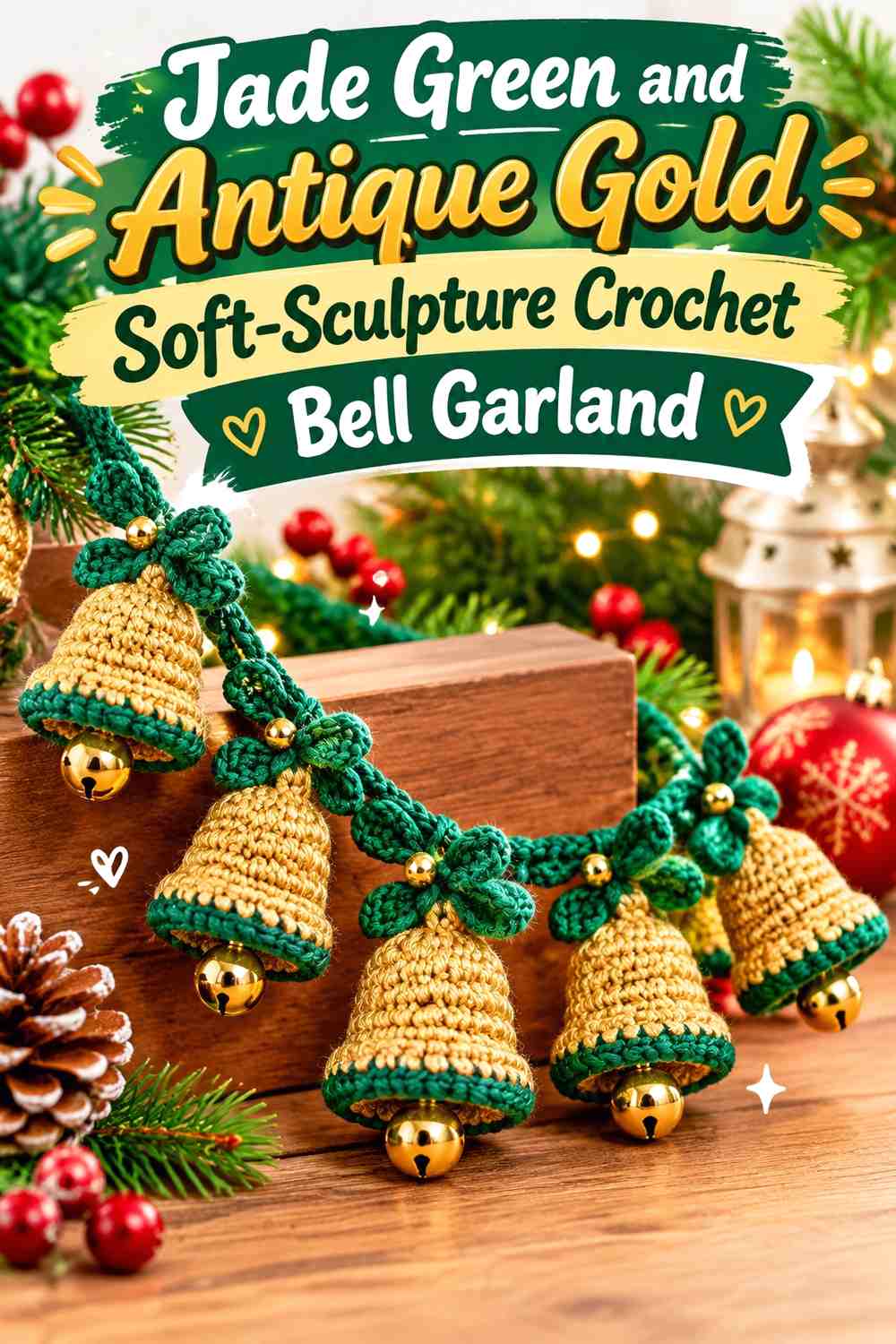 Jade Green and Antique Gold Soft-Sculpture Crochet Bell Garland
