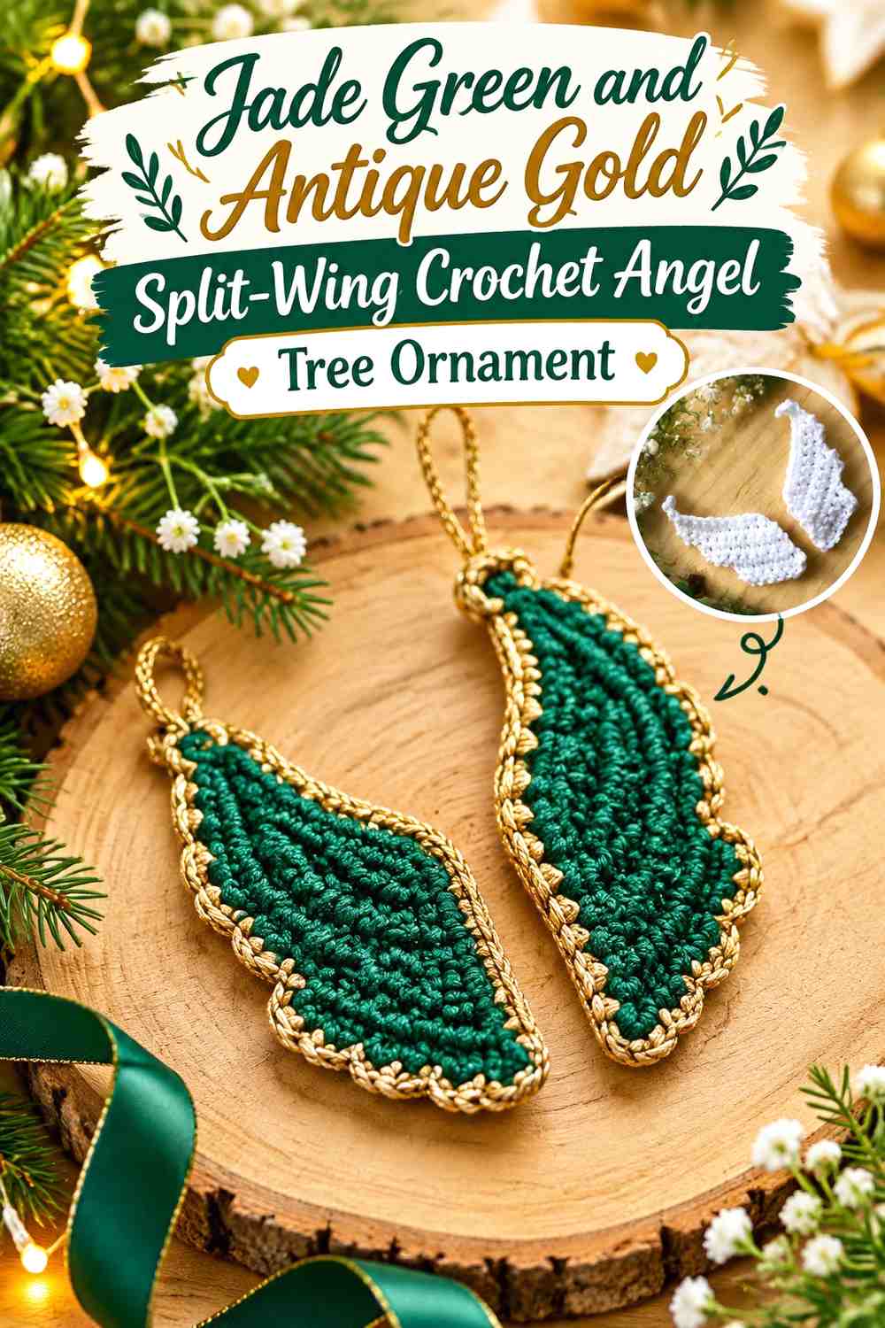 Jade Green and Antique Gold Split-Wing Crochet Angel Tree Ornament