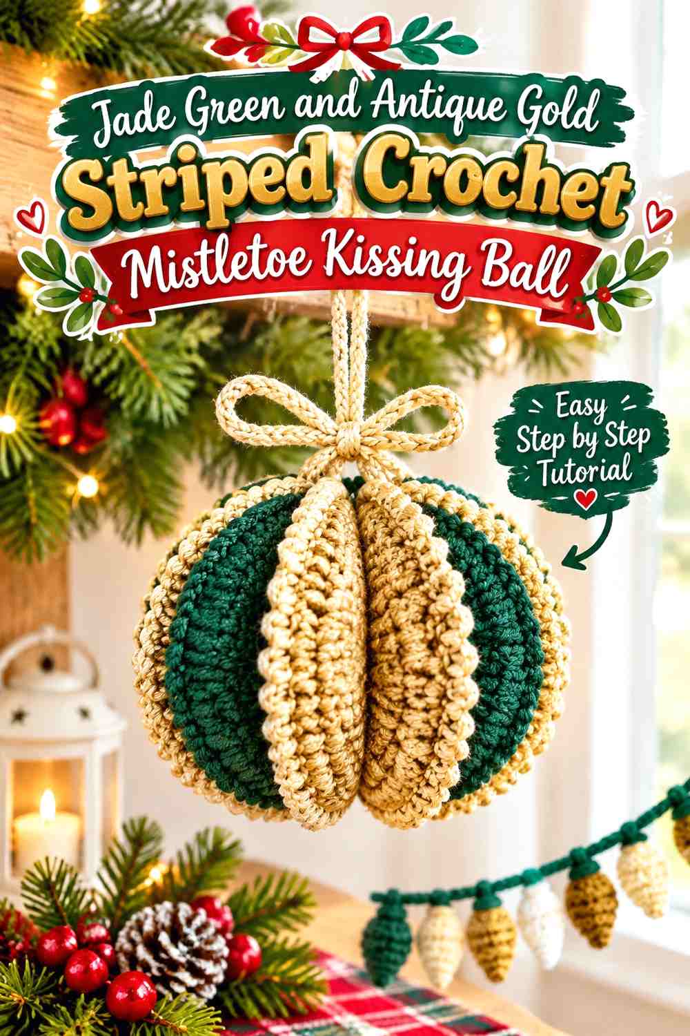 Jade Green and Antique Gold Striped Crochet Mistletoe Kissing Ball