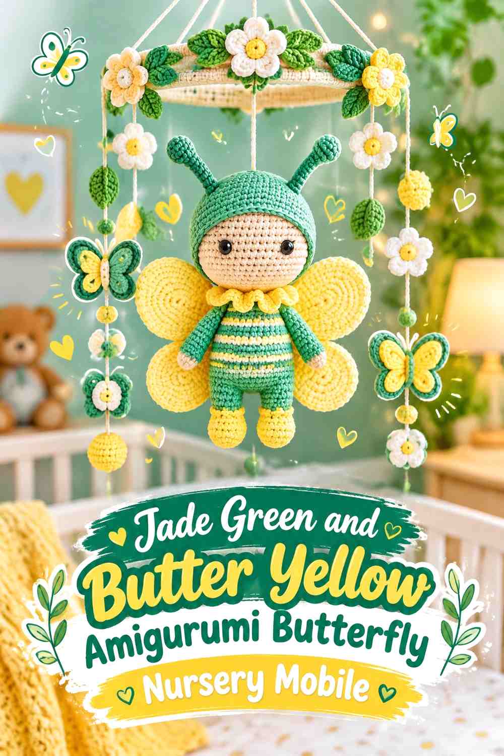 Jade Green and Butter Yellow Amigurumi Butterfly Nursery Mobile