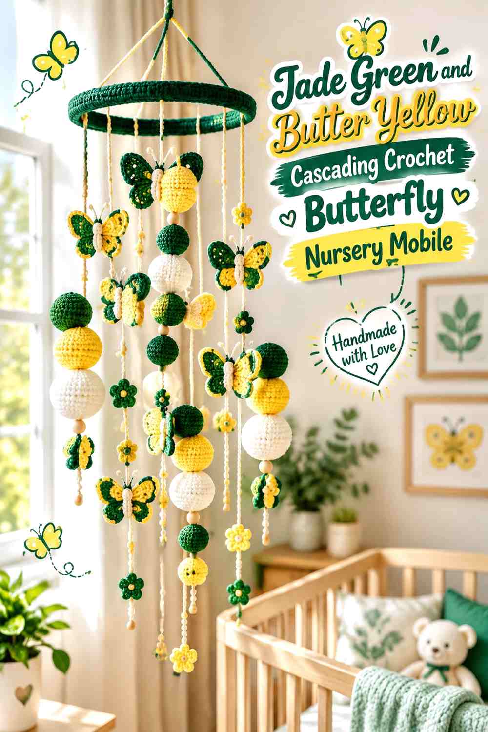 Jade Green and Butter Yellow Cascading Crochet Butterfly Nursery Mobile