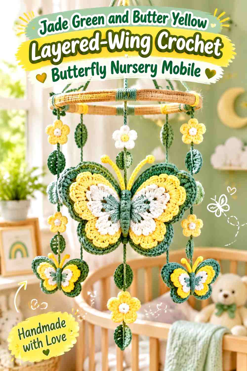 Jade Green and Butter Yellow Layered-Wing Crochet Butterfly Nursery Mobile