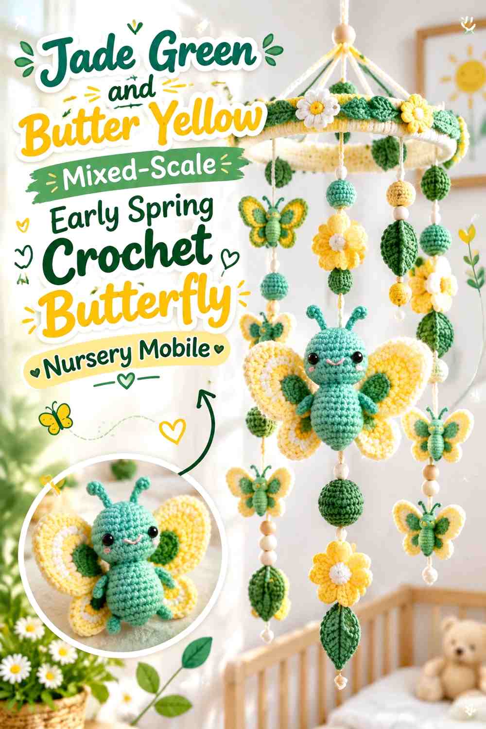 Jade Green and Butter Yellow Mixed-Scale Early Spring Crochet Butterfly Nursery Mobile