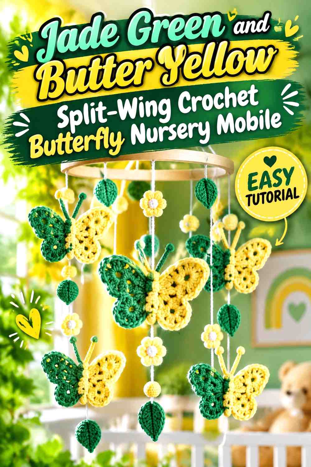 Jade Green and Butter Yellow Split-Wing Crochet Butterfly Nursery Mobile