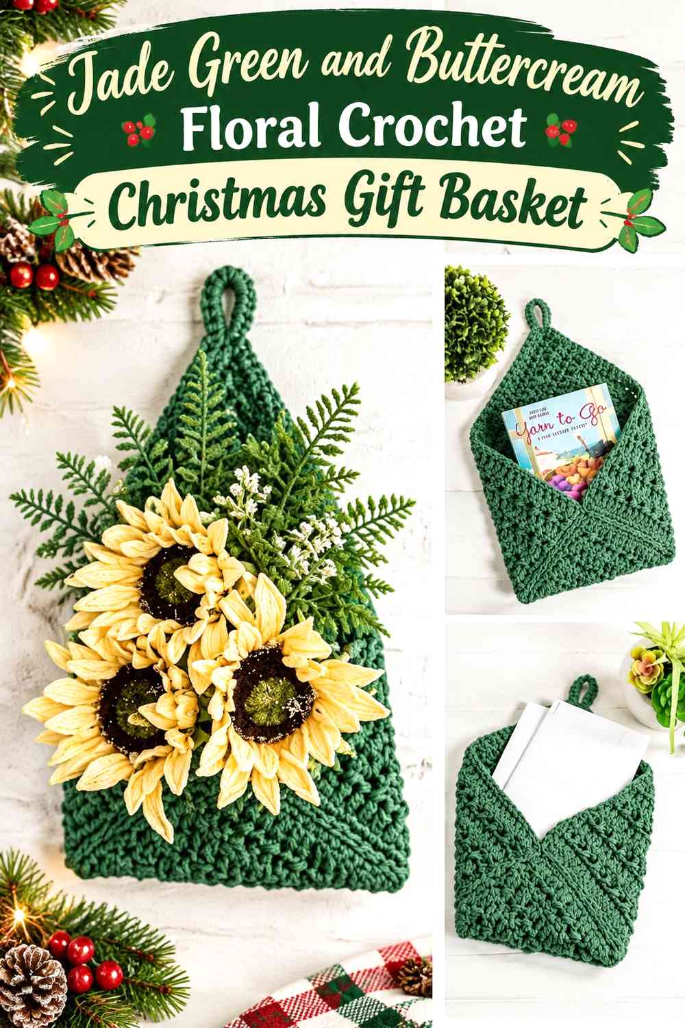 Jade Green and Buttercream Floral Crochet Christmas Gift Basket