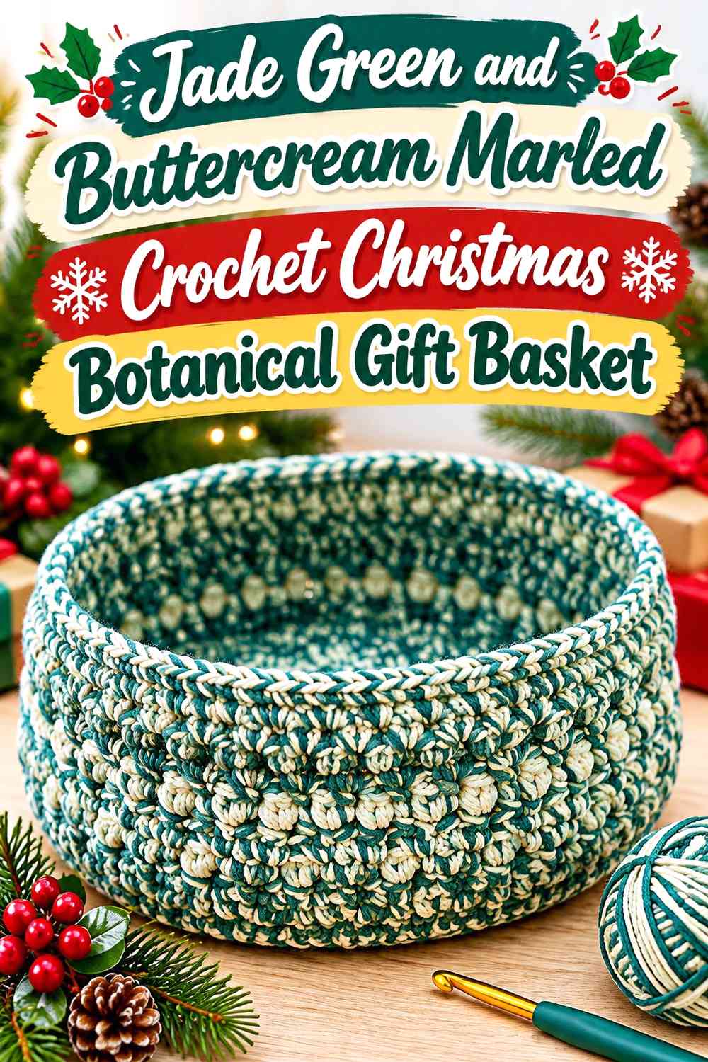 Jade Green and Buttercream Marled Crochet Christmas Botanical Gift Basket
