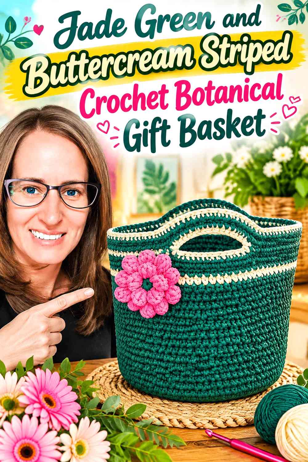 Jade Green and Buttercream Striped Crochet Botanical Gift Basket