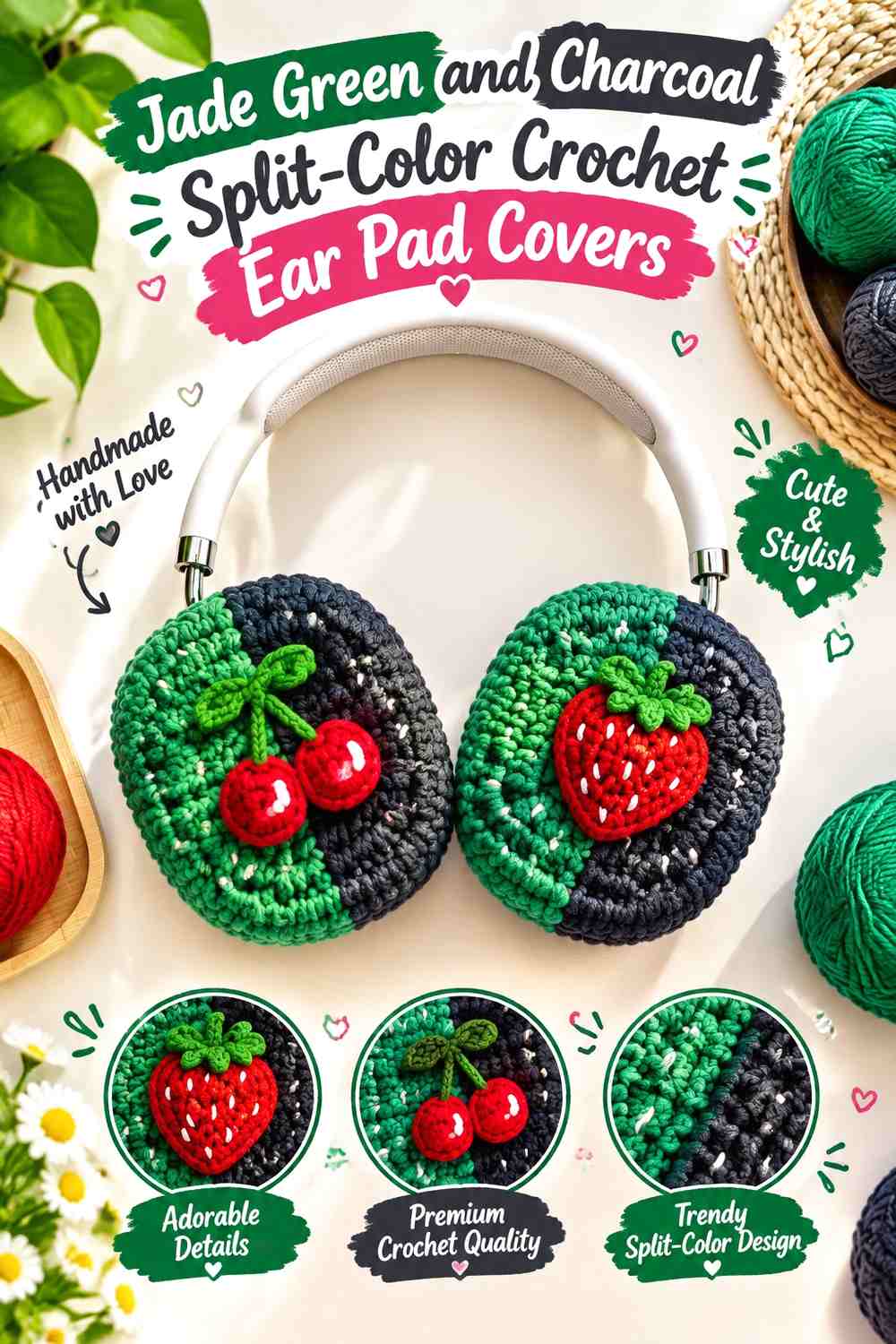Jade Green and Charcoal Split-Color Crochet Ear Pad Covers