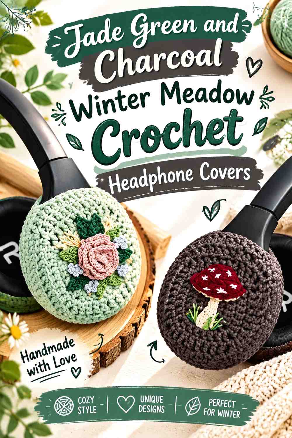 Jade Green and Charcoal Winter Meadow Crochet Headphone Covers