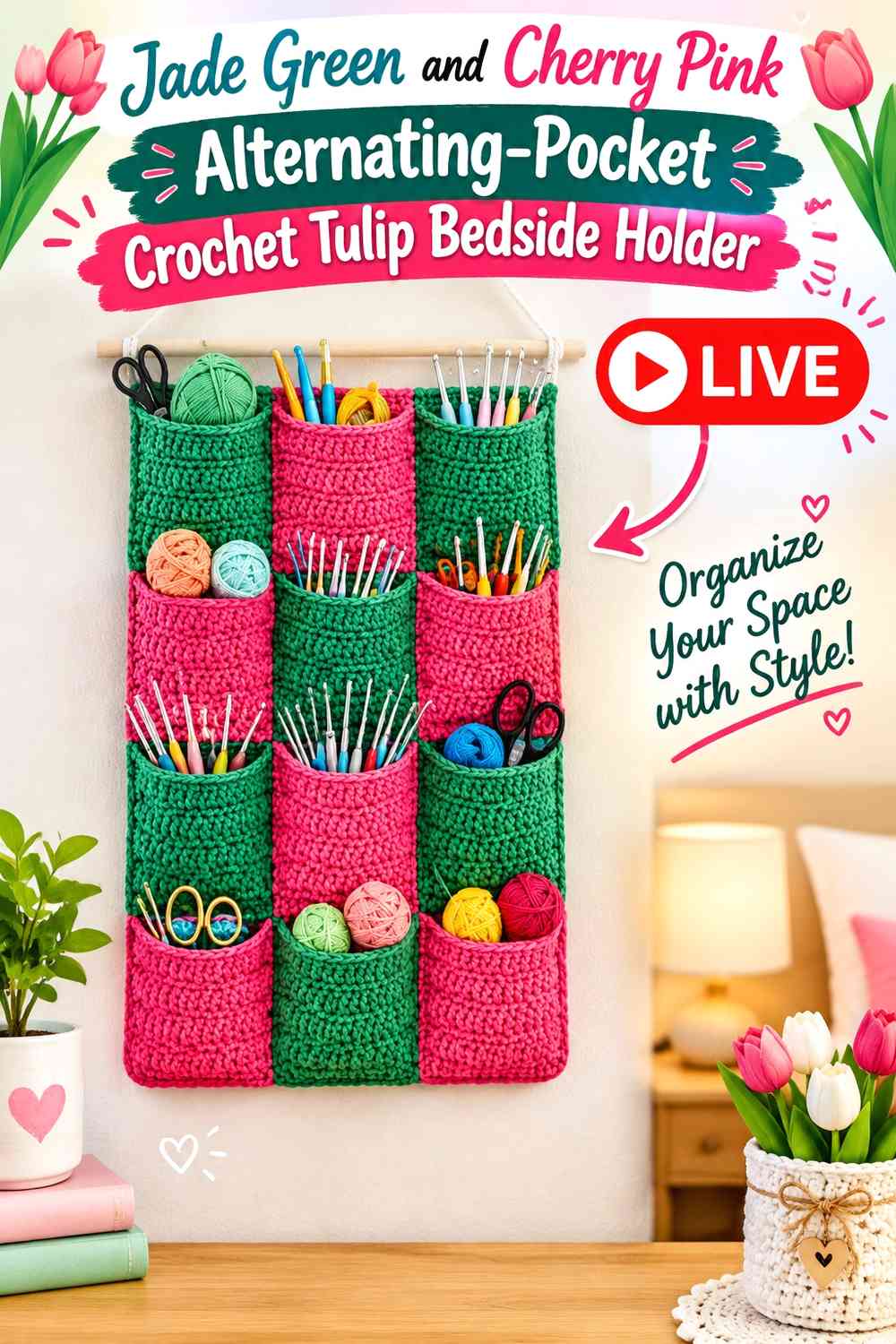 Jade Green and Cherry Pink Alternating-Pocket Crochet Tulip Bedside Holder