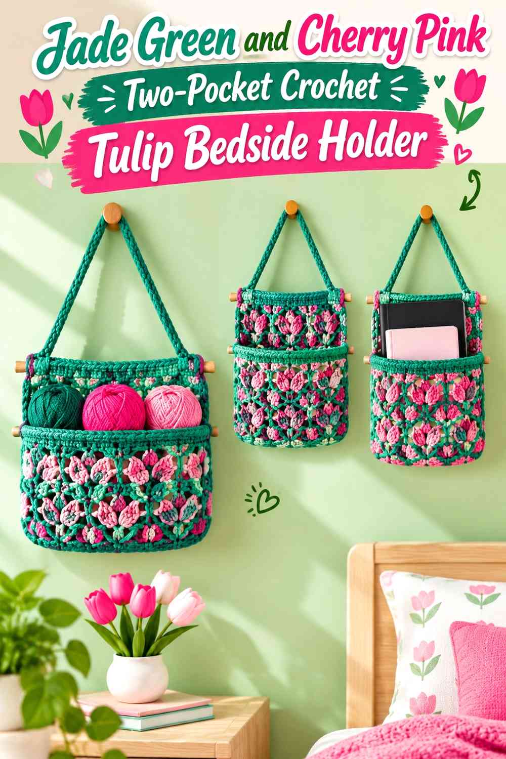 Jade Green and Cherry Pink Two-Pocket Crochet Tulip Bedside Holder
