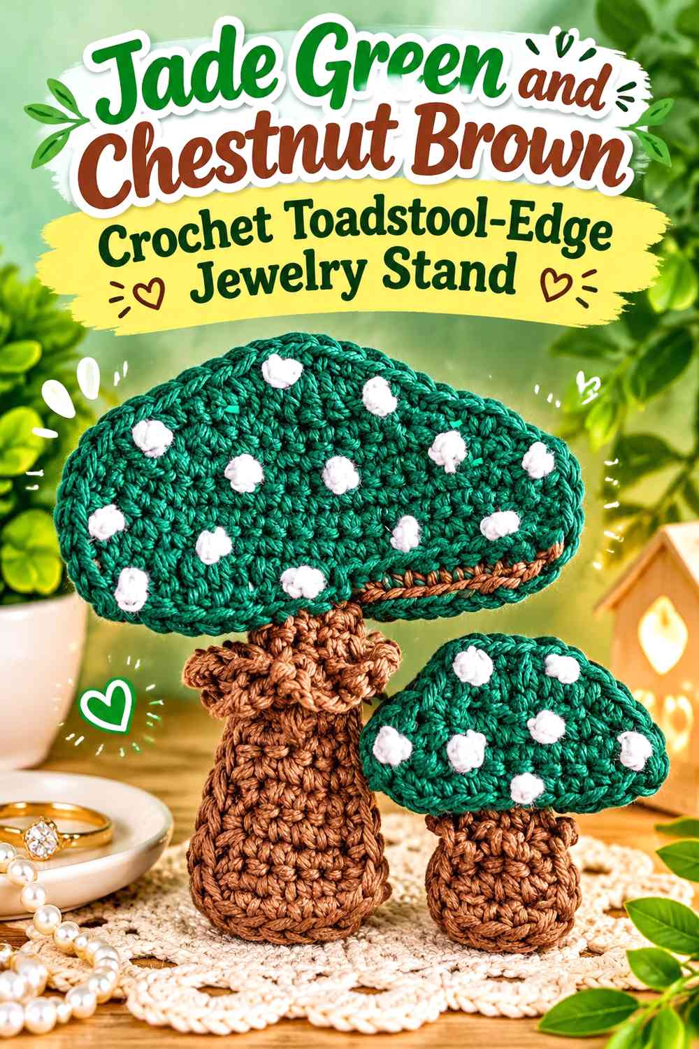 Jade Green and Chestnut Brown Crochet Toadstool-Edge Jewelry Stand