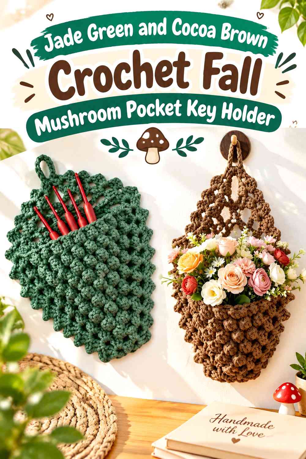 Jade Green and Cocoa Brown Crochet Fall Mushroom Pocket Key Holder