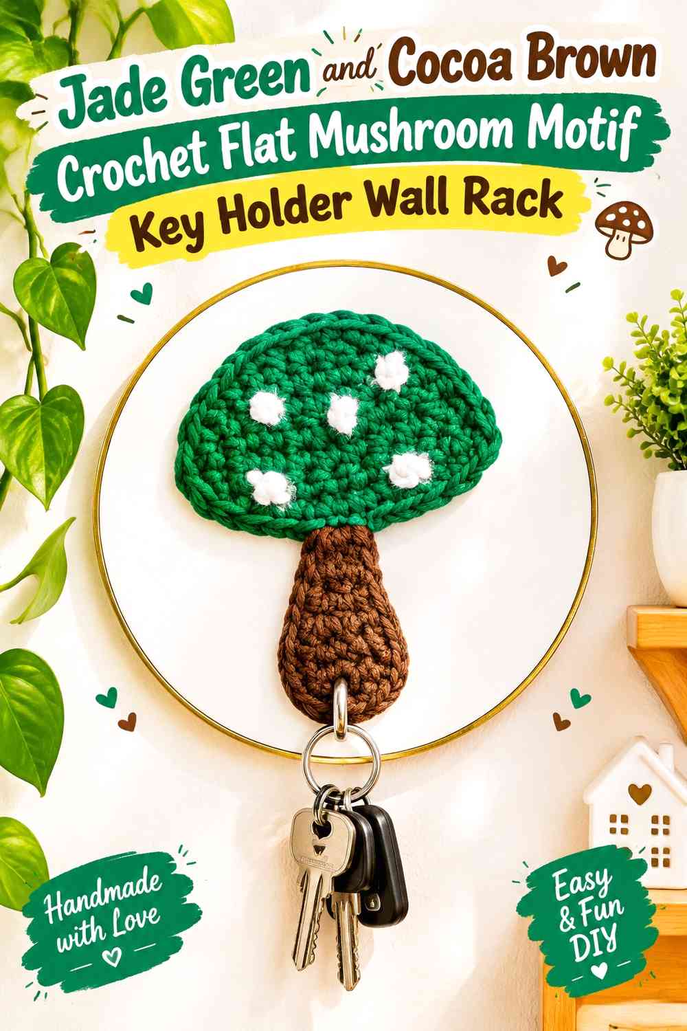 Jade Green and Cocoa Brown Crochet Flat Mushroom Motif Key Holder Wall Rack