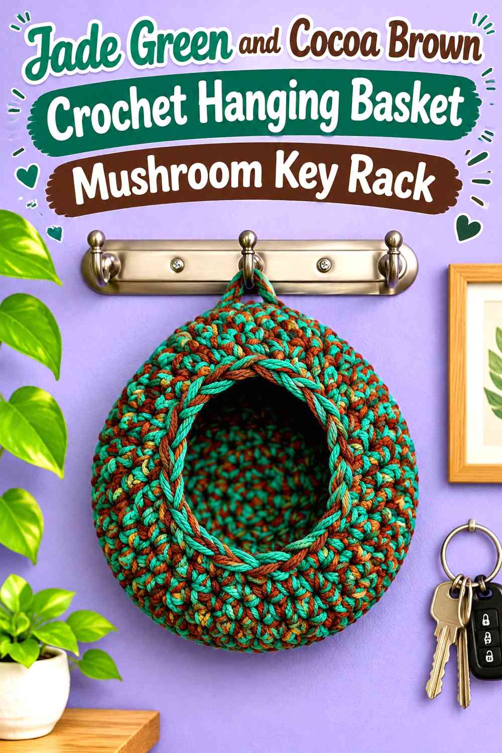 Jade Green and Cocoa Brown Crochet Hanging Basket Mushroom Key Rack