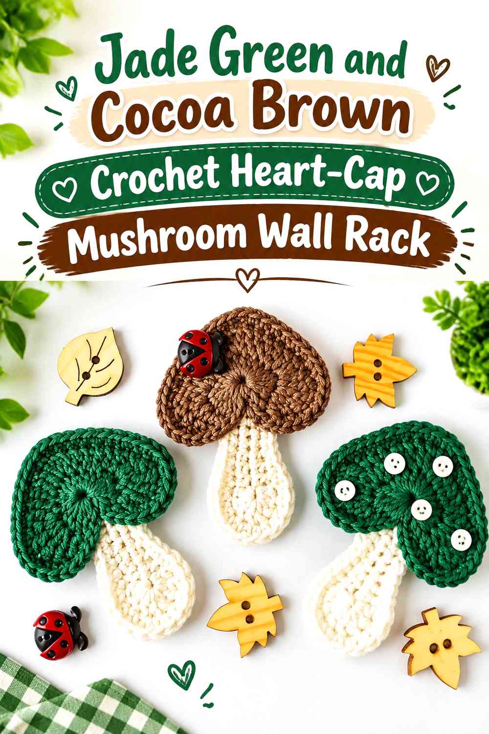 Jade Green and Cocoa Brown Crochet Heart-Cap Mushroom Wall Rack