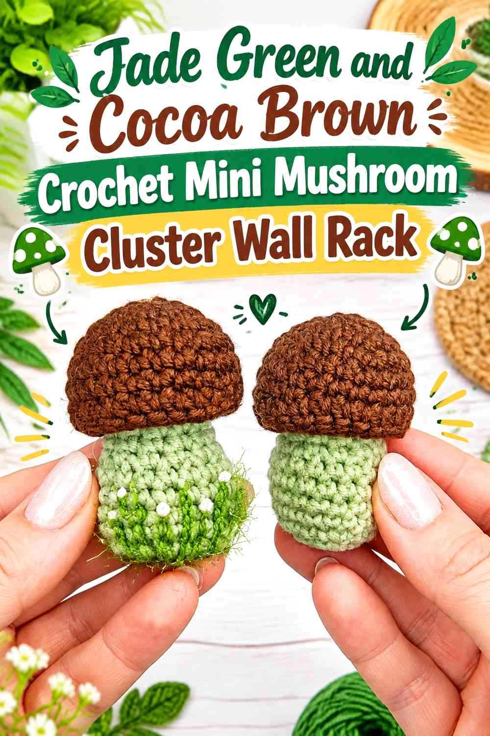 Jade Green and Cocoa Brown Crochet Mini Mushroom Cluster Wall Rack