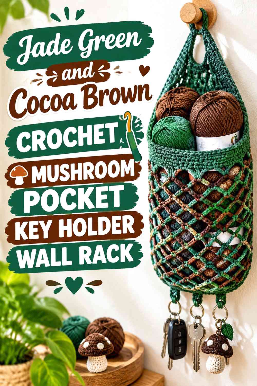 Jade Green and Cocoa Brown Crochet Mushroom Pocket Key Holder Wall Rack