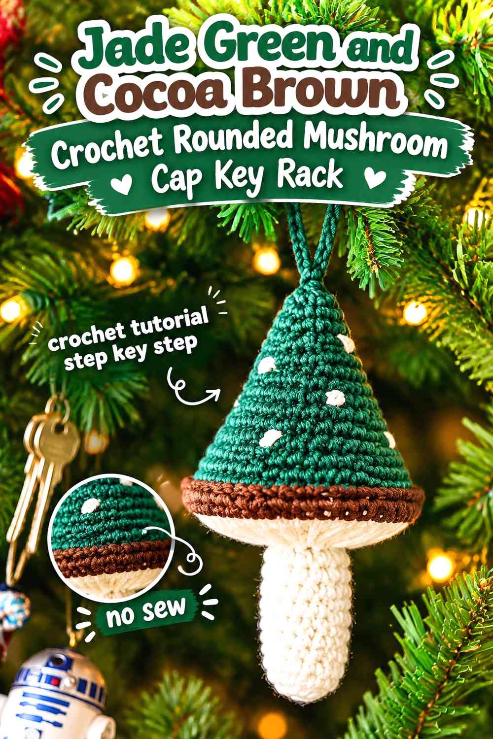 Jade Green and Cocoa Brown Crochet Rounded Mushroom Cap Key Rack