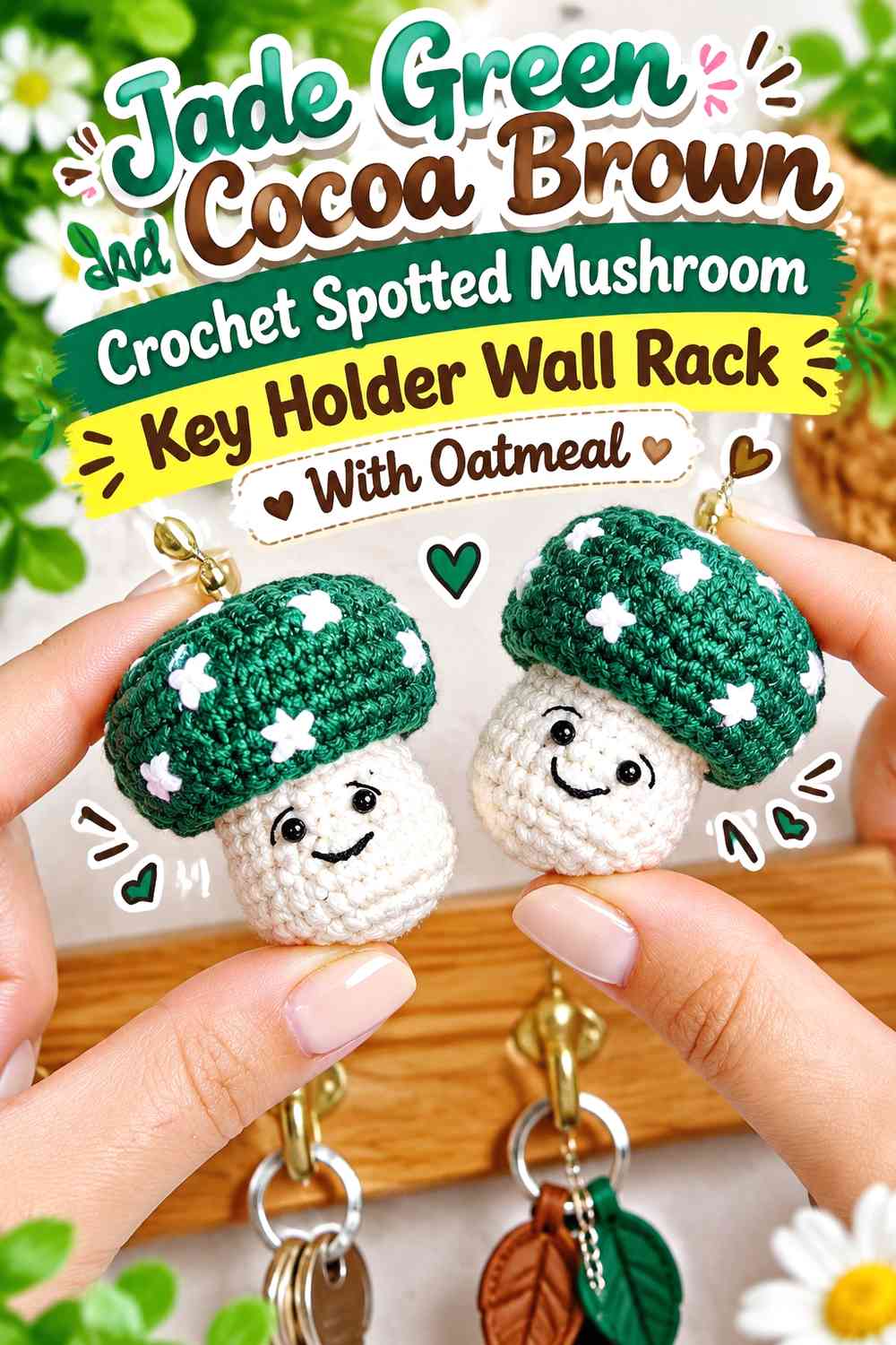 Jade Green and Cocoa Brown Crochet Spotted Mushroom Key Holder Wall Rack With Oatmeal