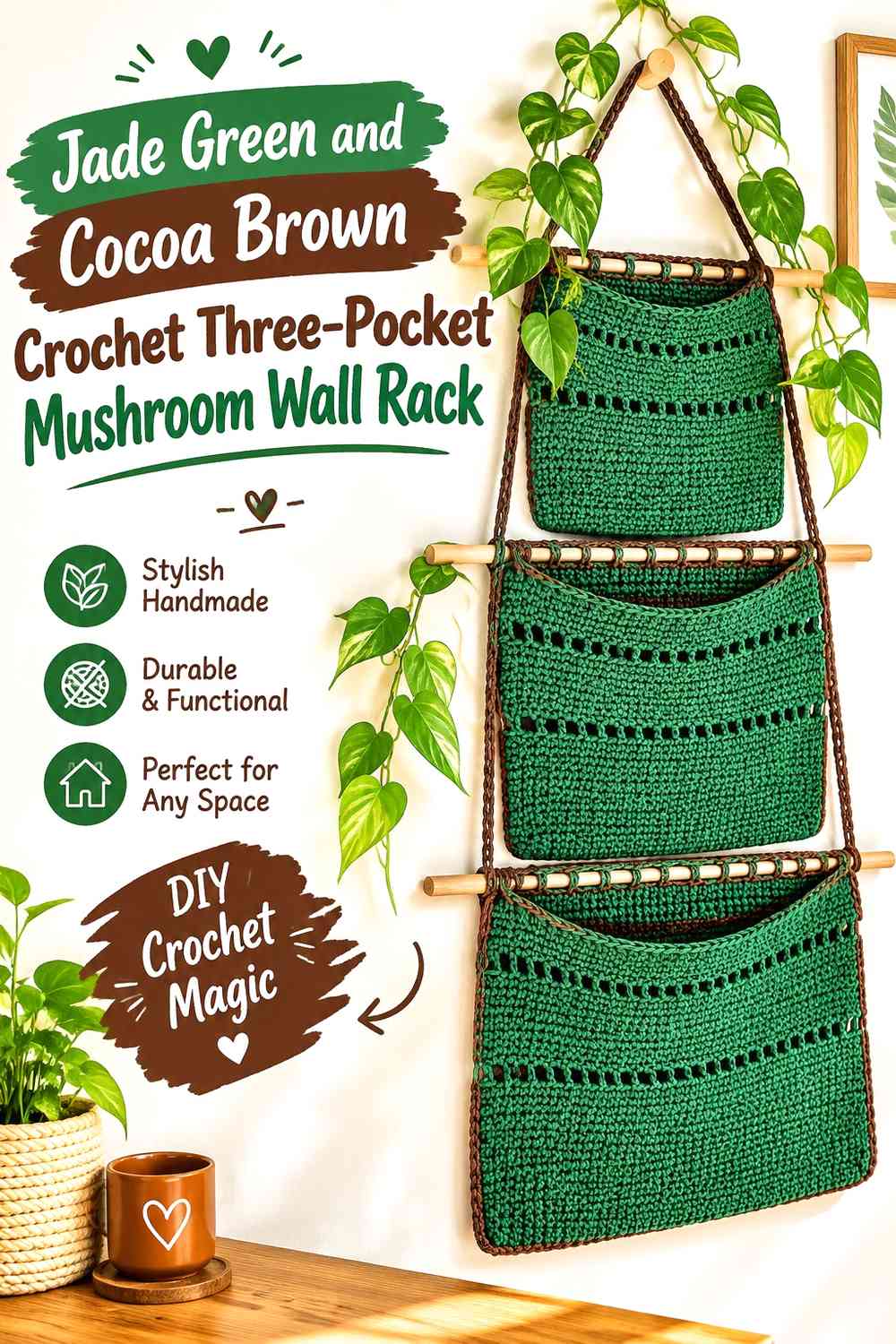 Jade Green and Cocoa Brown Crochet Three-Pocket Mushroom Wall Rack