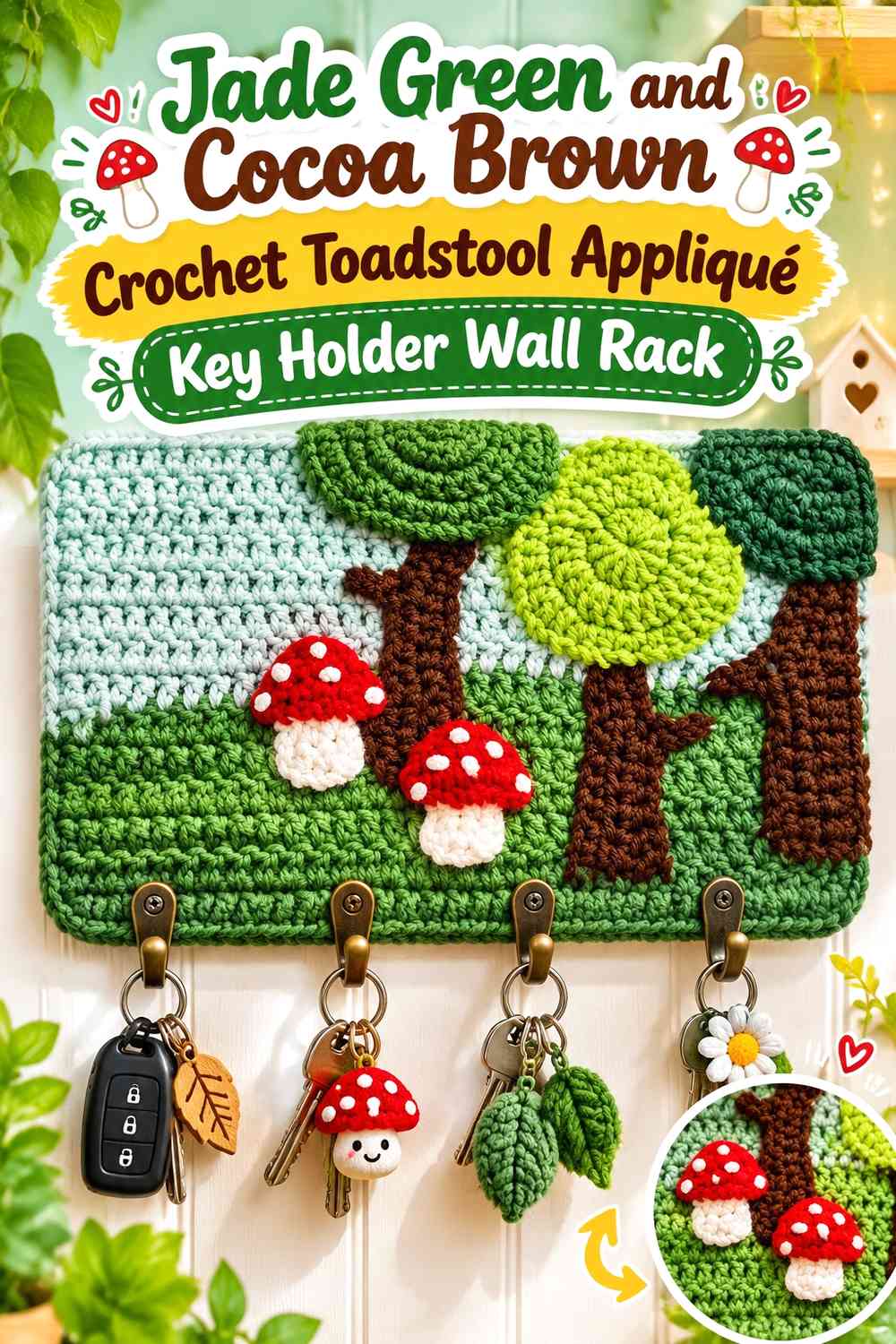 Jade Green and Cocoa Brown Crochet Toadstool Appliqué Key Holder Wall Rack