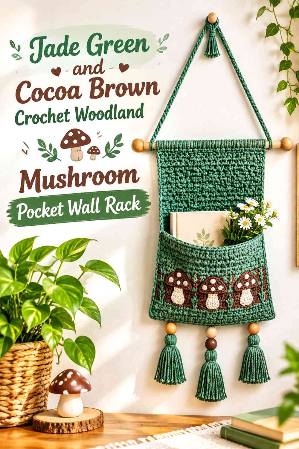 Jade Green and Cocoa Brown Crochet Woodland Mushroom Pocket Wall Rack
