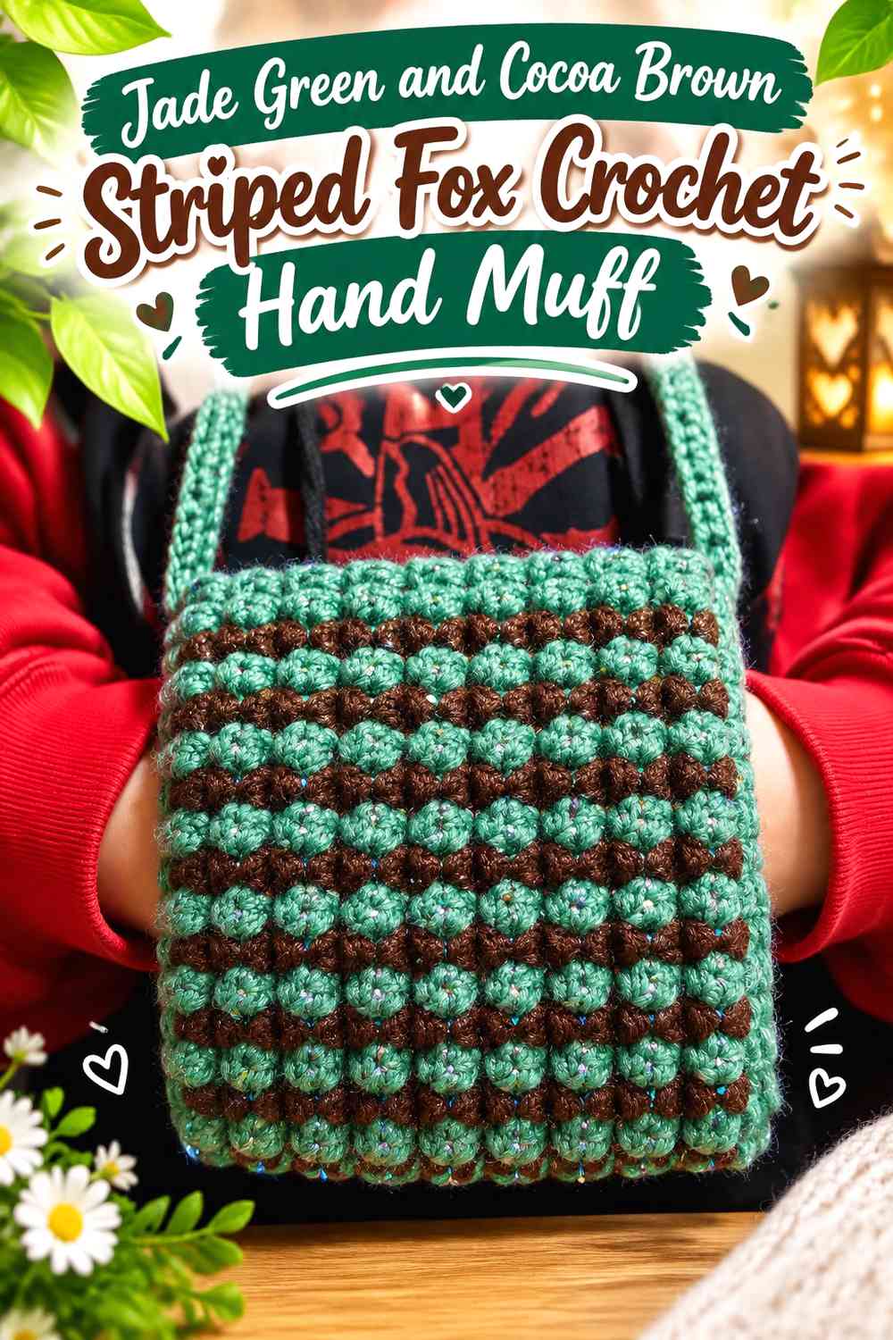 Jade Green and Cocoa Brown Striped Fox Crochet Hand Muff