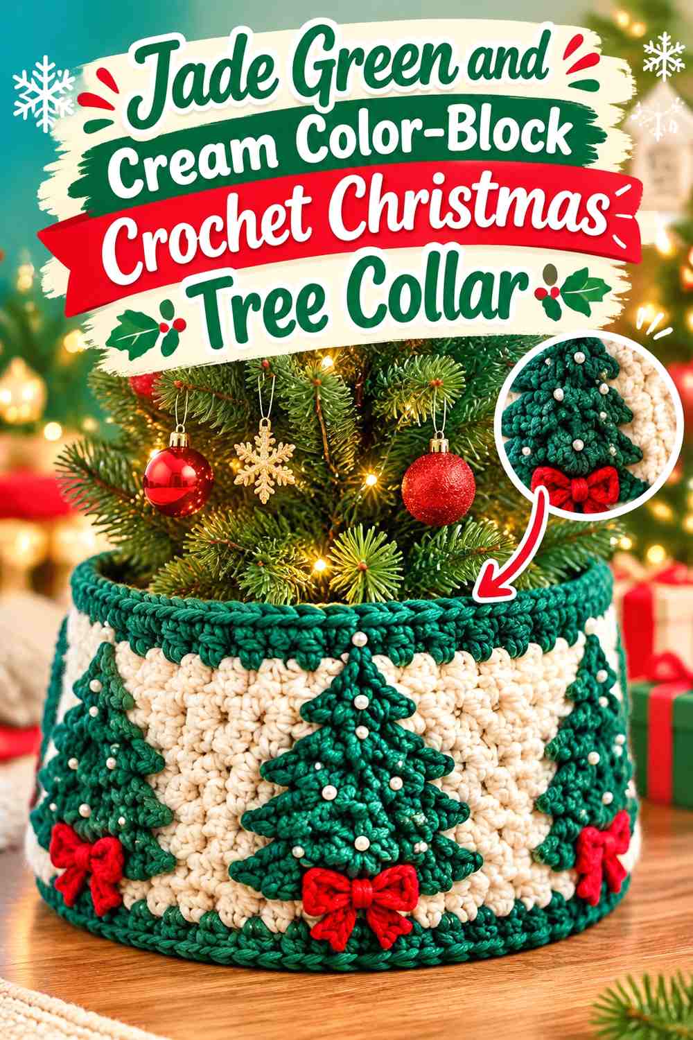 Jade Green and Cream Color-Block Crochet Christmas Tree Collar
