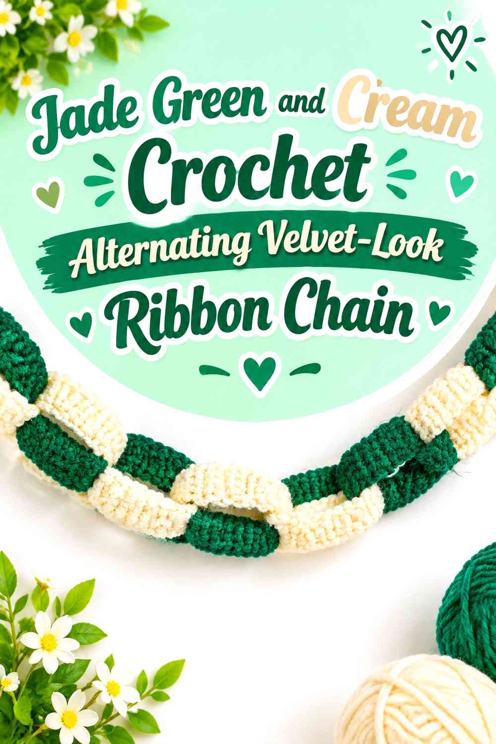 Jade Green and Cream Crochet Alternating Velvet-Look Ribbon Chain