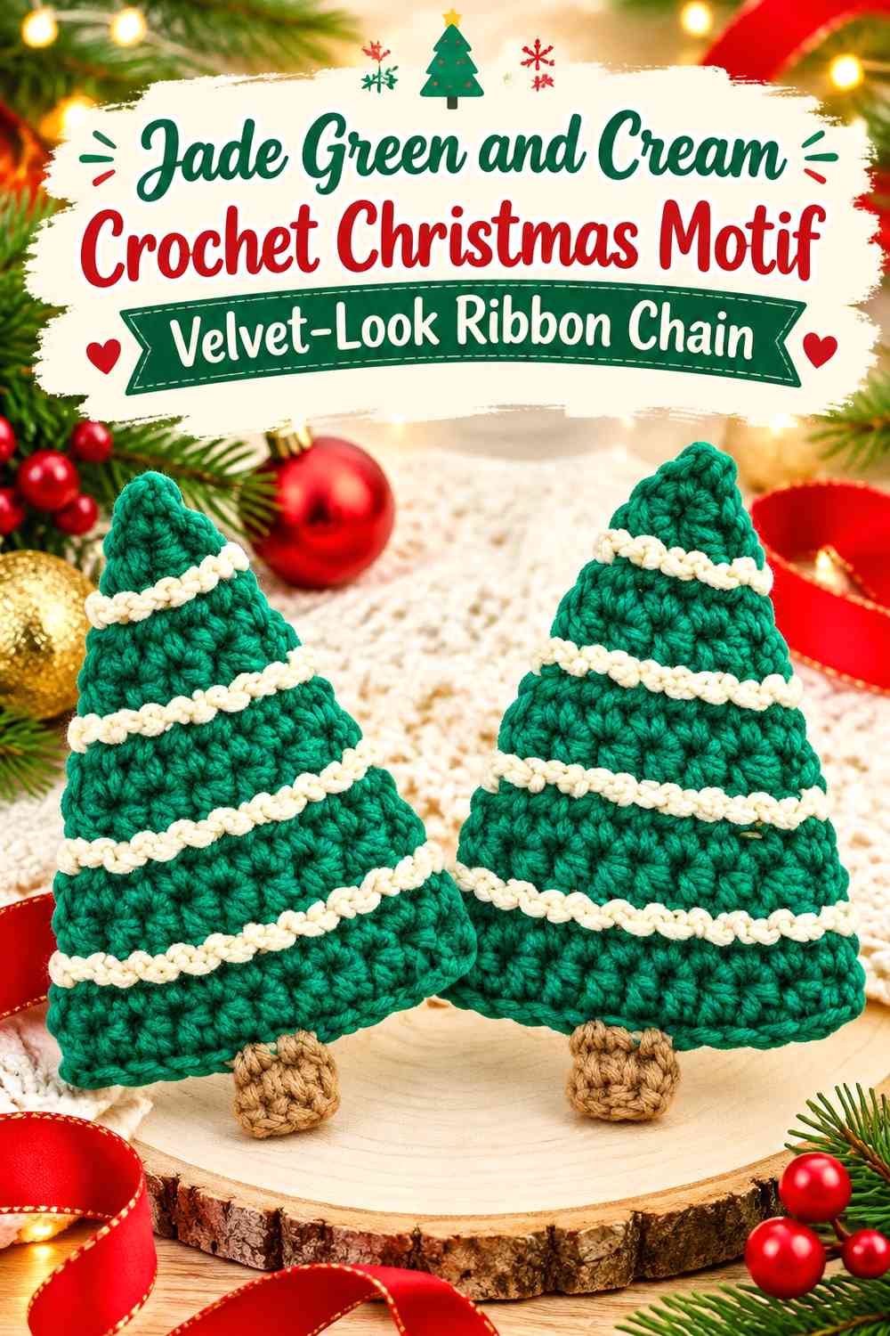 Jade Green and Cream Crochet Christmas Motif Velvet-Look Ribbon Chain