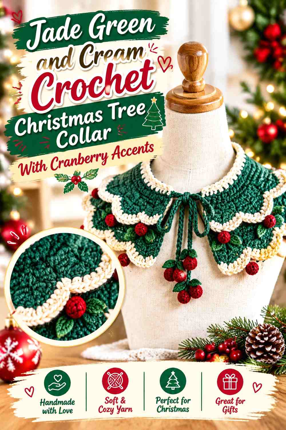 Jade Green and Cream Crochet Christmas Tree Collar With Cranberry Accents