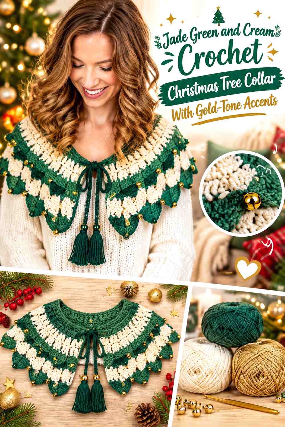 Jade Green and Cream Crochet Christmas Tree Collar With Gold-Tone Accents
