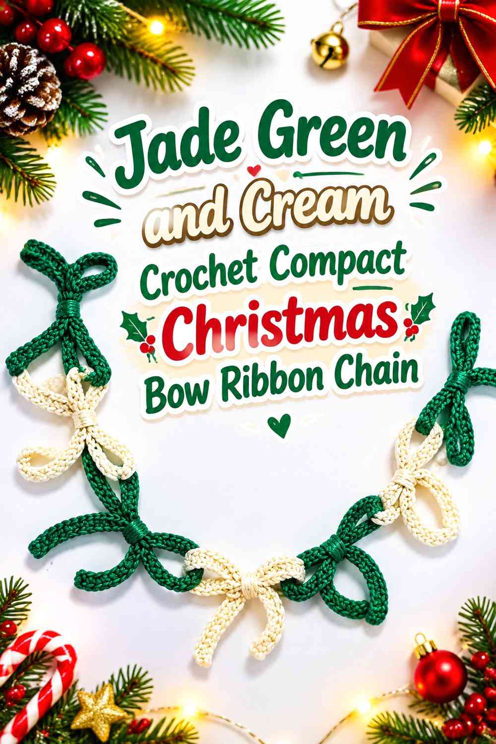 Jade Green and Cream Crochet Compact Christmas Bow Ribbon Chain