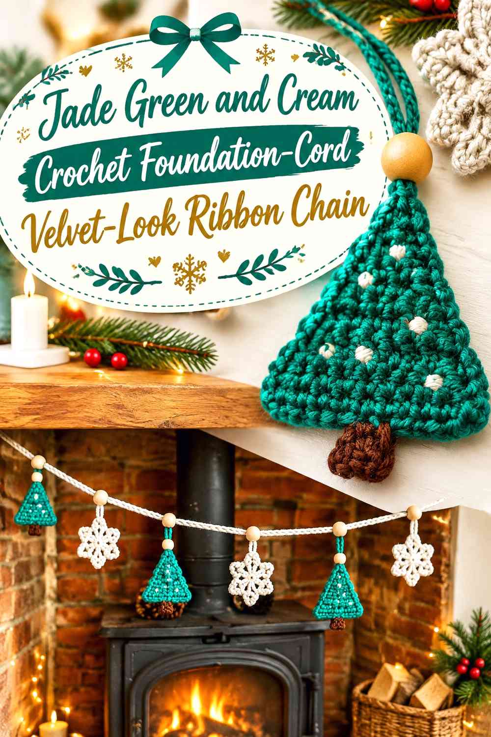 Jade Green and Cream Crochet Foundation-Cord Velvet-Look Ribbon Chain