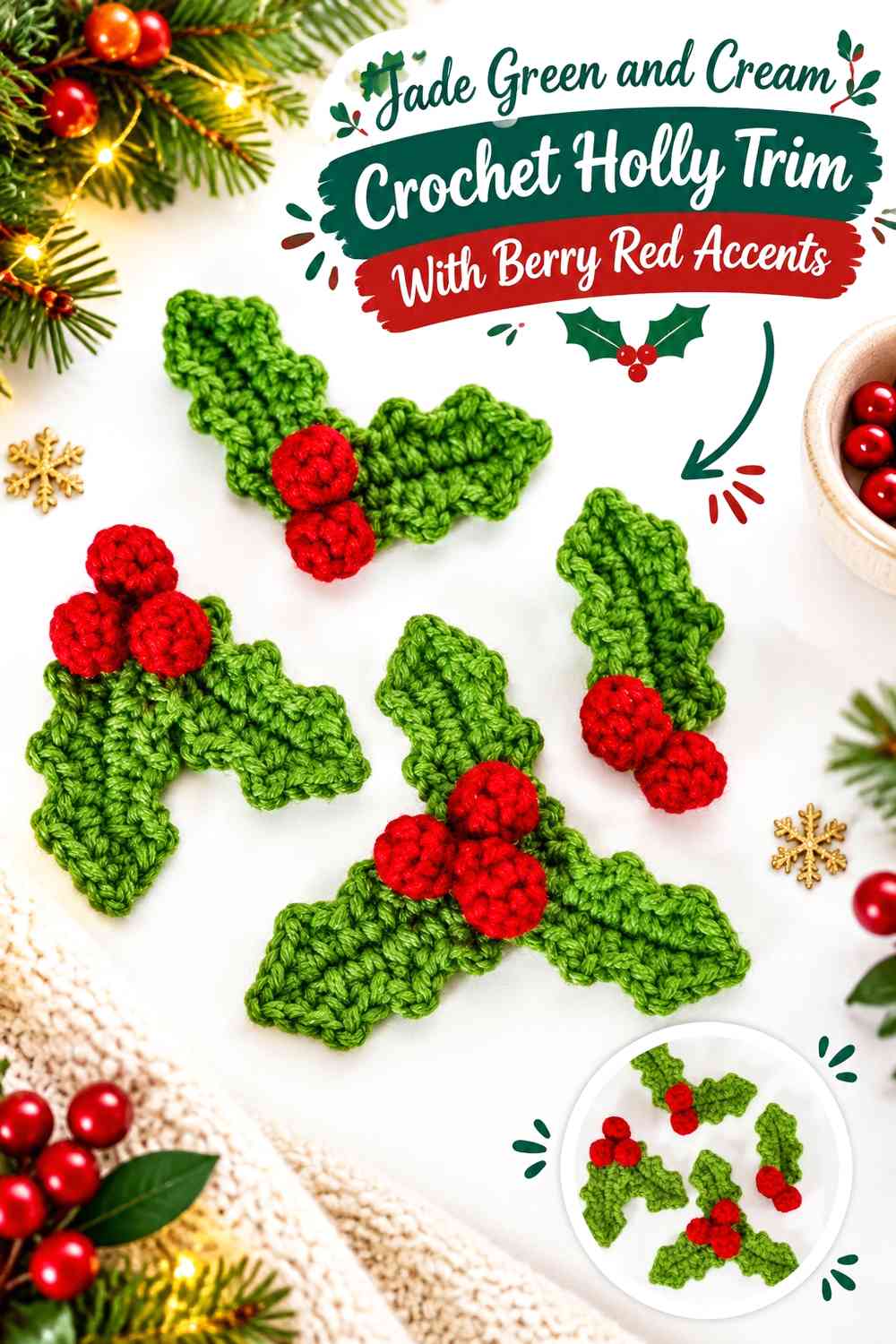 Jade Green and Cream Crochet Holly Trim With Berry Red Accents