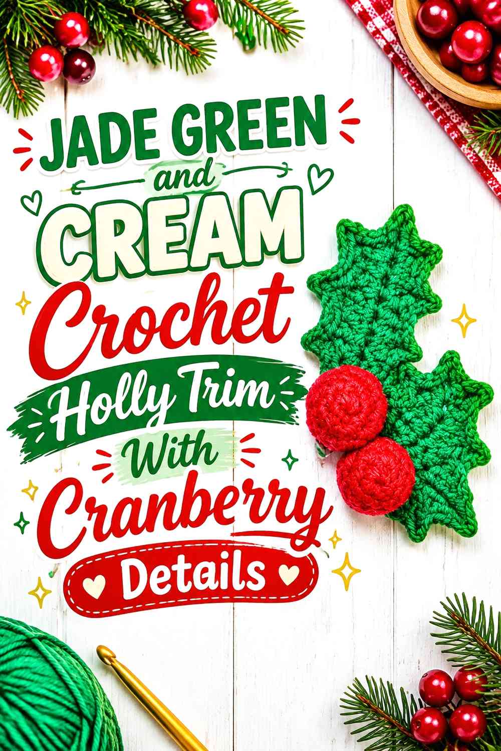 Jade Green and Cream Crochet Holly Trim With Cranberry Details