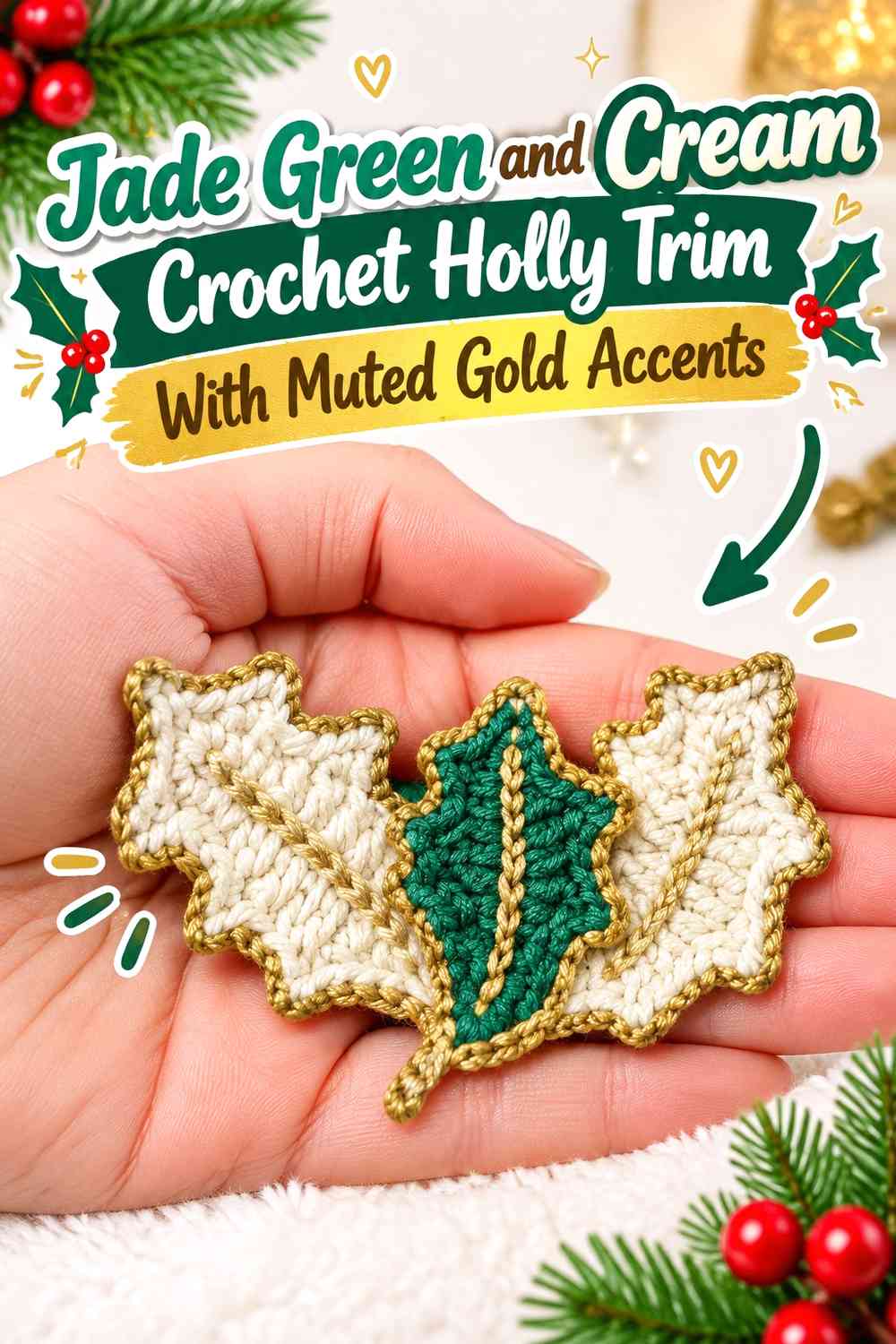 Jade Green and Cream Crochet Holly Trim With Muted Gold Accents