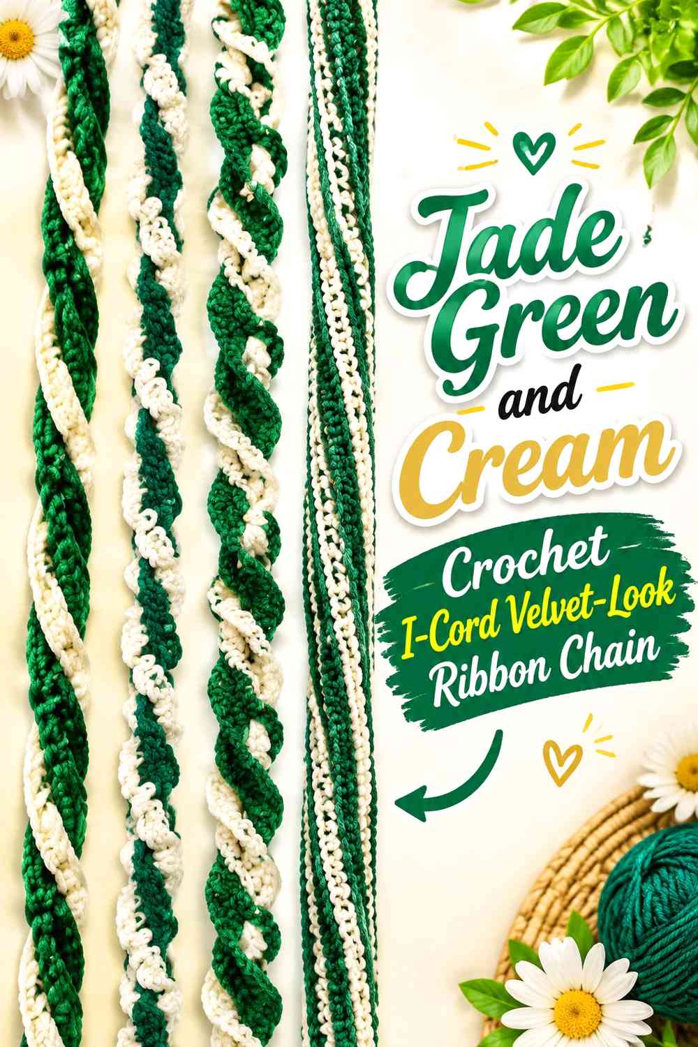Jade Green and Cream Crochet I-Cord Velvet-Look Ribbon Chain
