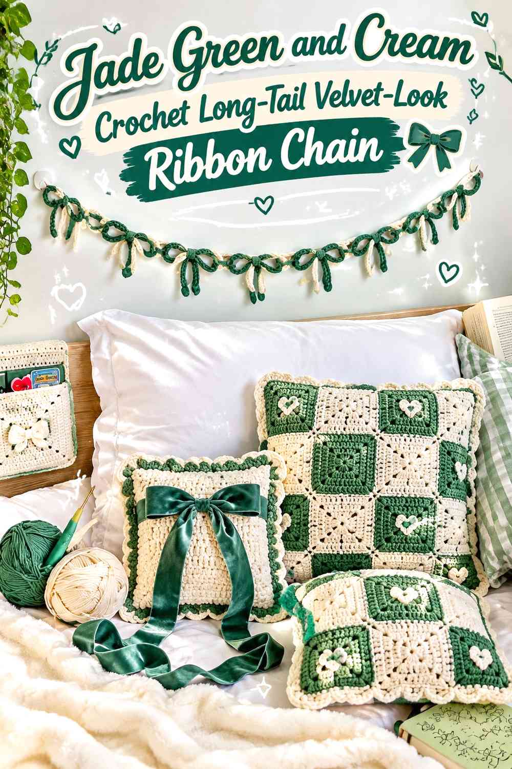Jade Green and Cream Crochet Long-Tail Velvet-Look Ribbon Chain