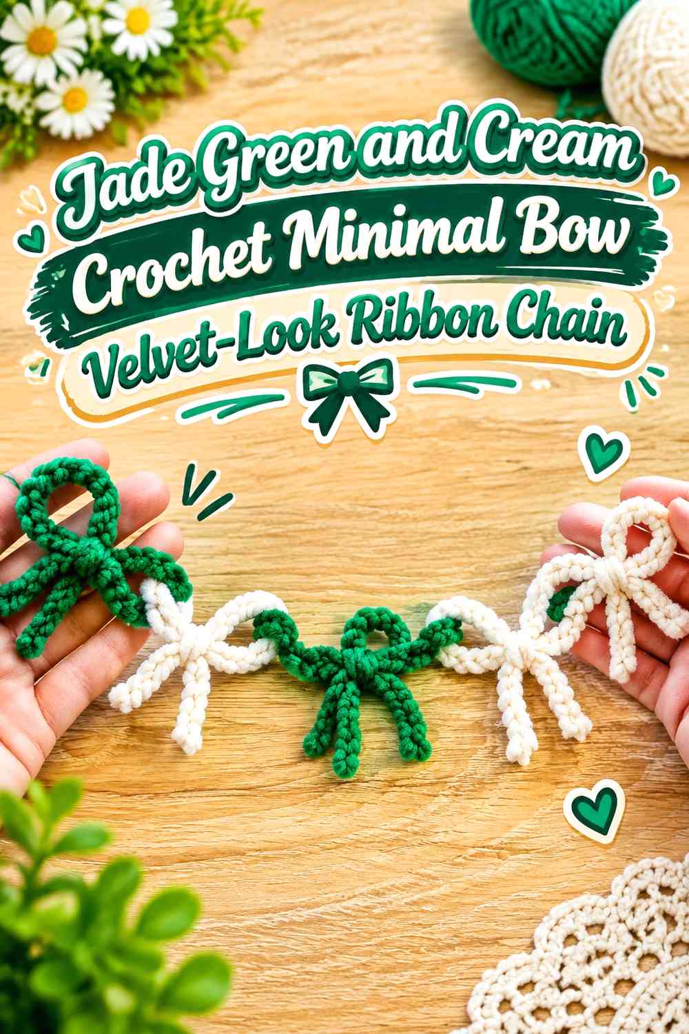 Jade Green and Cream Crochet Minimal Bow Velvet-Look Ribbon Chain