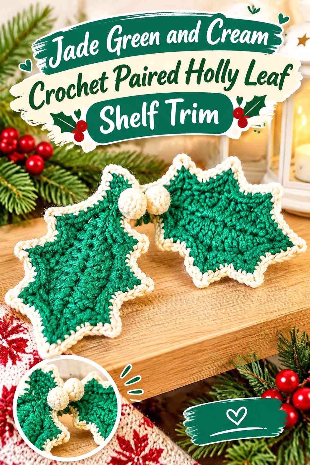 Jade Green and Cream Crochet Paired Holly Leaf Shelf Trim