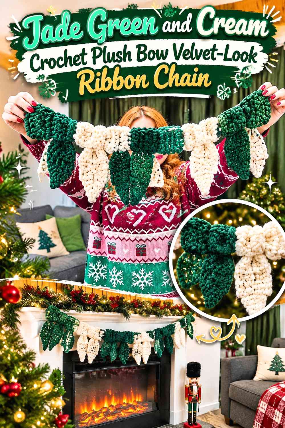 Jade Green and Cream Crochet Plush Bow Velvet-Look Ribbon Chain