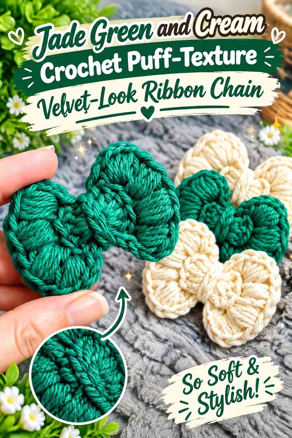 Jade Green and Cream Crochet Puff-Texture Velvet-Look Ribbon Chain