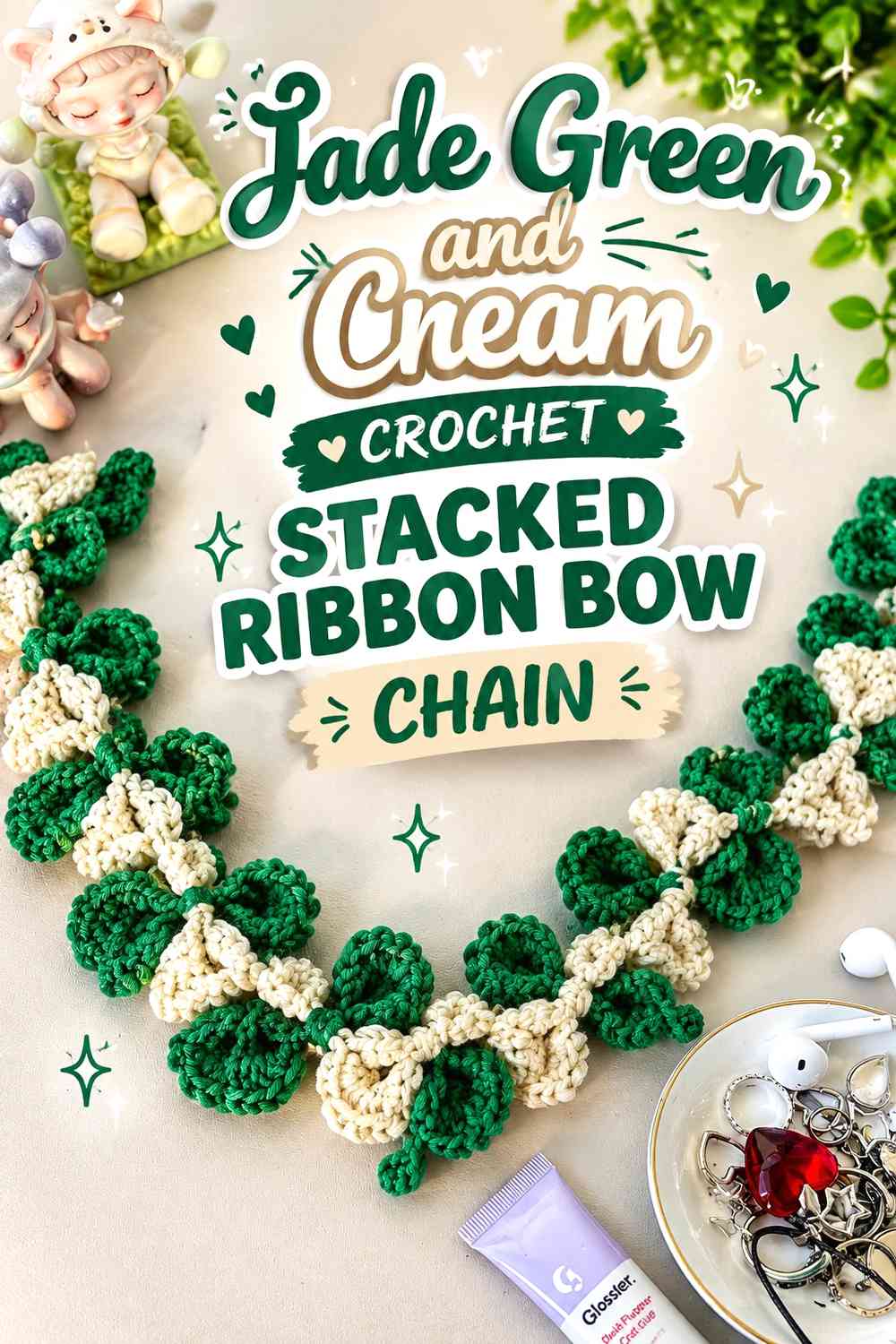 Jade Green and Cream Crochet Stacked Ribbon Bow Chain