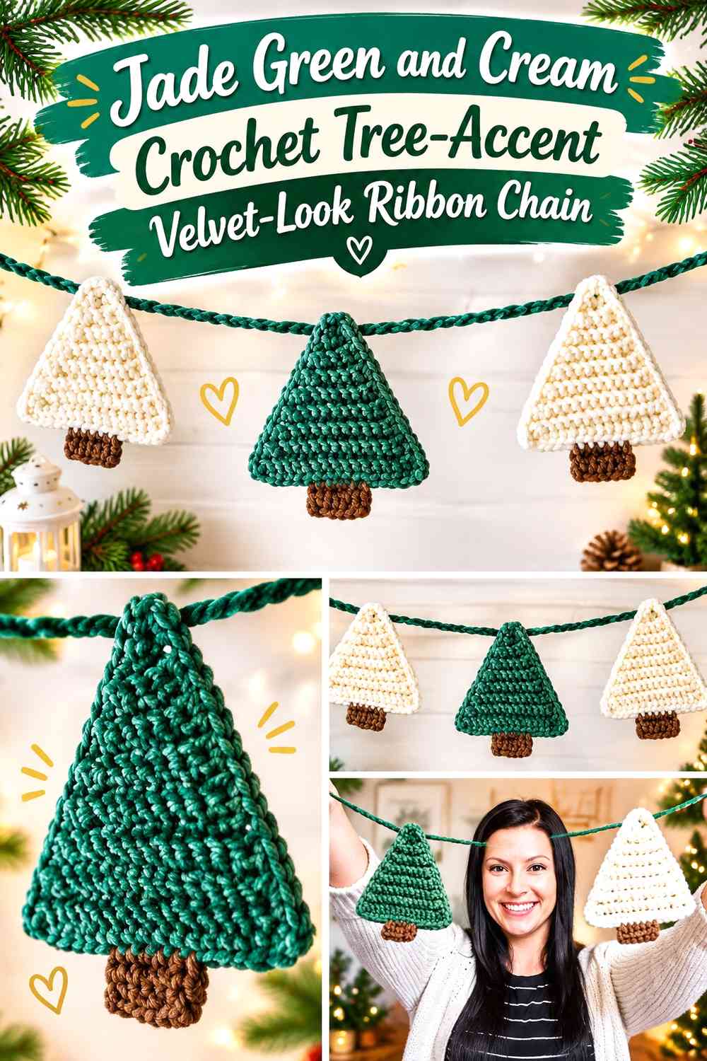 Jade Green and Cream Crochet Tree-Accent Velvet-Look Ribbon Chain