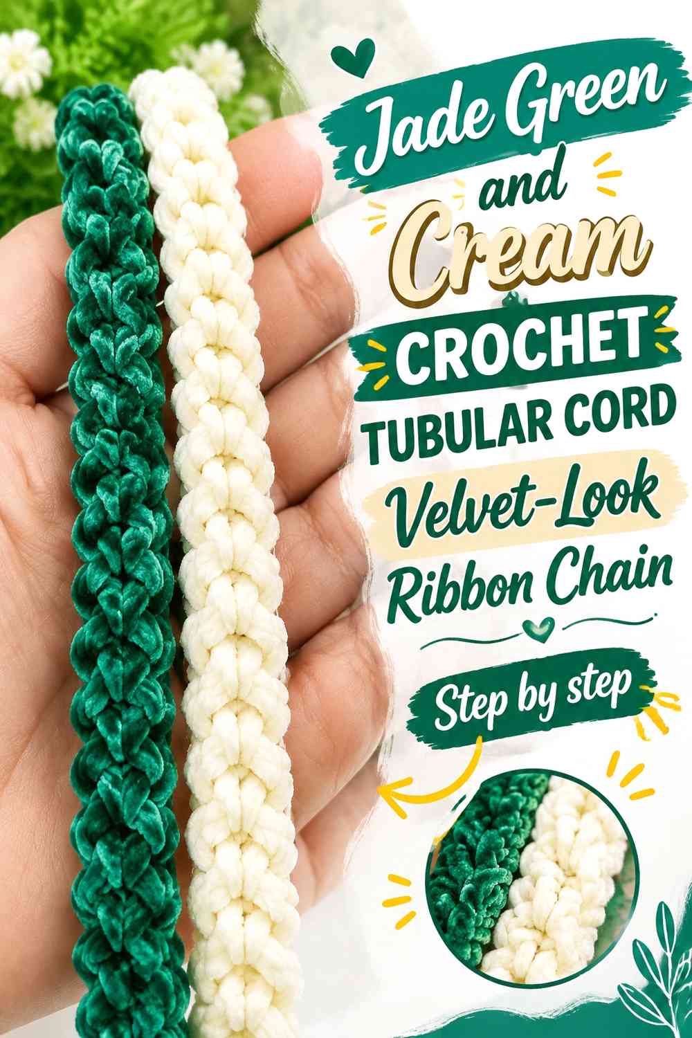 Jade Green and Cream Crochet Tubular Cord Velvet-Look Ribbon Chain