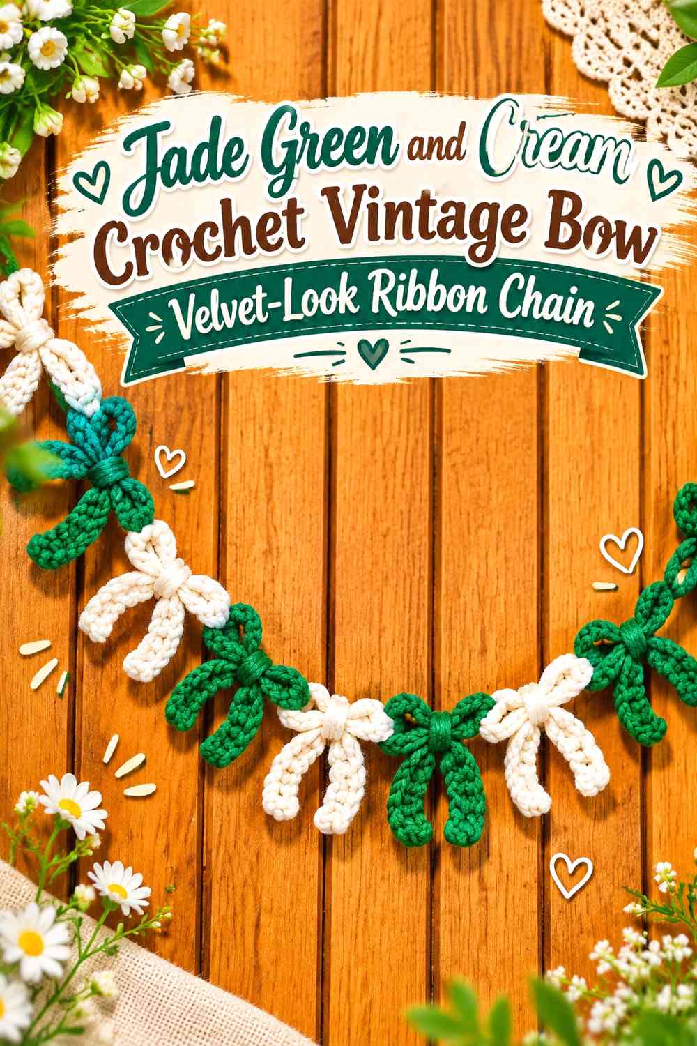 Jade Green and Cream Crochet Vintage Bow Velvet-Look Ribbon Chain